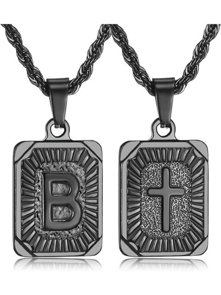 Letter Cross B Black Initial Cross Steel Gold Plated Square Pendant Necklace